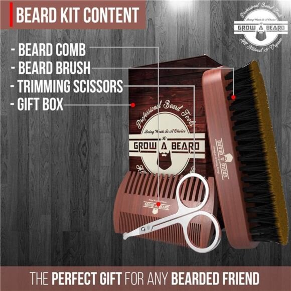 Beard Brush For Men & Beard Comb Set w/Mustache Scissors , Natural Boar Bristle - Picture 4 of 6